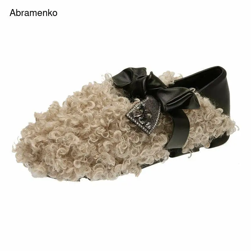 

Ballet Shoes For Women Leather Shoes Female Laced Up Beige Hairy Shoes Women shallow Flats Round Toe moccasins Plus Size 36-40