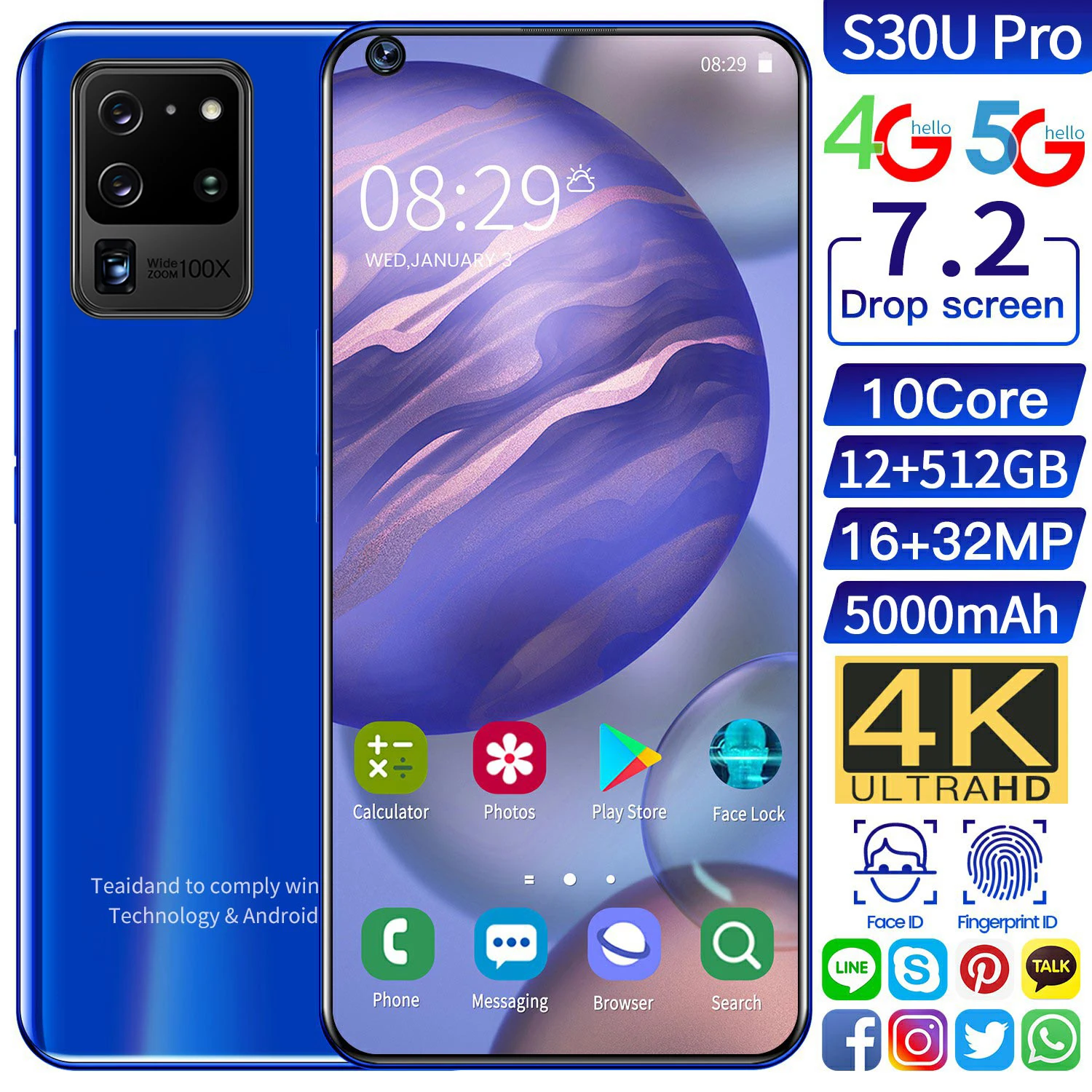

Smartphone S30U PRO 5G Snapdragon888 7.2Inch 5000mAh Battery 4G/5G WIFI Dual SIM Mobile Phone Snapdragon888 12+512GB Cellphone