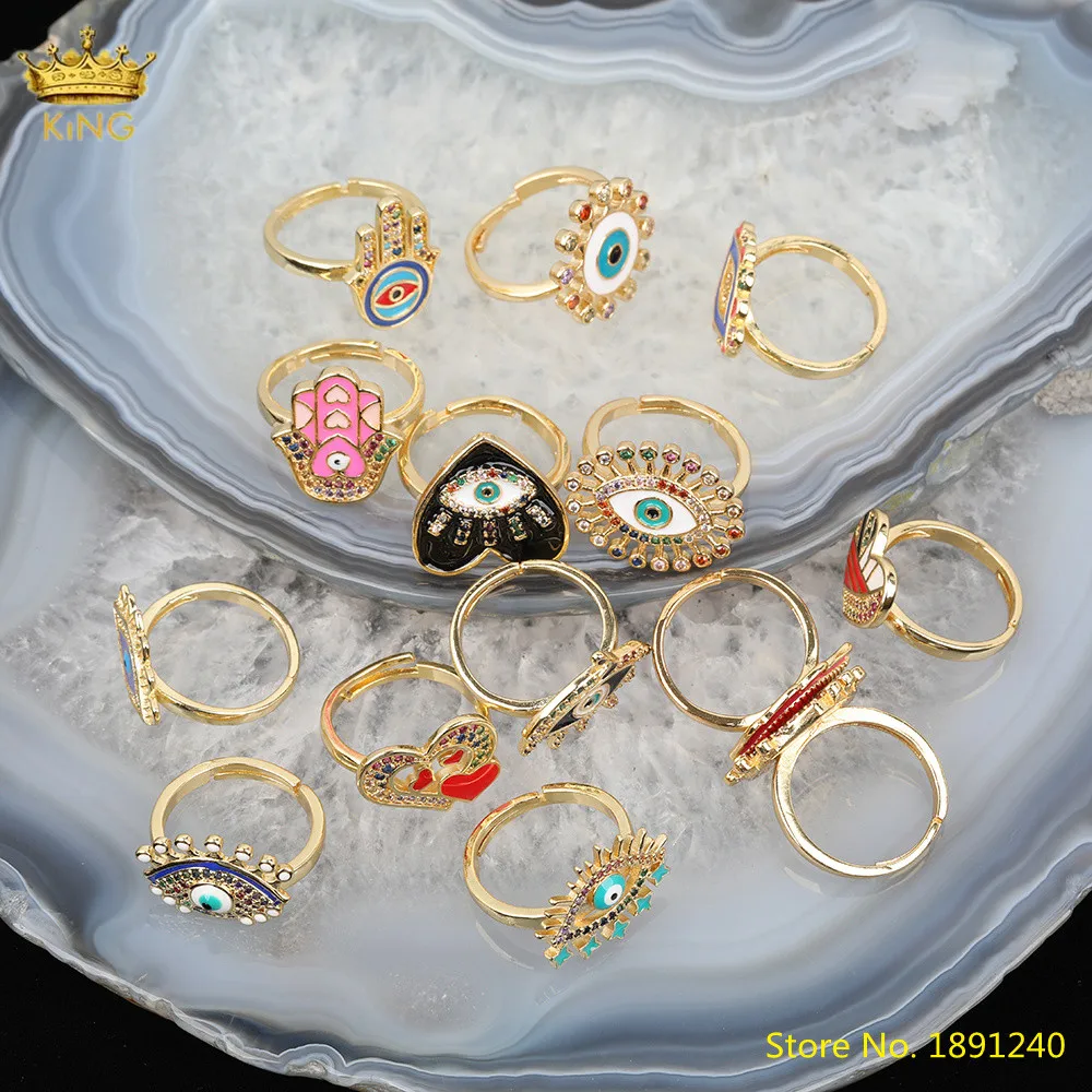 

10pcs Rainbow Ziron Paved Evil Eyes Hamsa Hand Gold Adjustable Rings Jewelry,Enamel Heart Shape Boho Statement Rings For Women