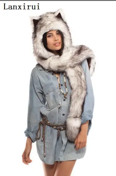 Gorro con capucha de piel sintética para hombre y mujer, gorro cálido de felpa de Animal, con bolsillos para las orejas, bufanda, guantes
