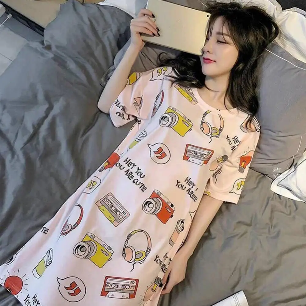 

New Women Casual O Neck Short Sleeve Cute Camera Cat Nightgown Nightdress Sleepwear Girls Comfortable Home Clothes Pajama dress