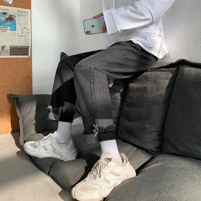 ICCLEK 2021 Autumn New Cuffed Jeans Straight Jeans Men's Wide-leg Pants Loose Retro Trousers  Mens Loose Jeans  Painted Jeans