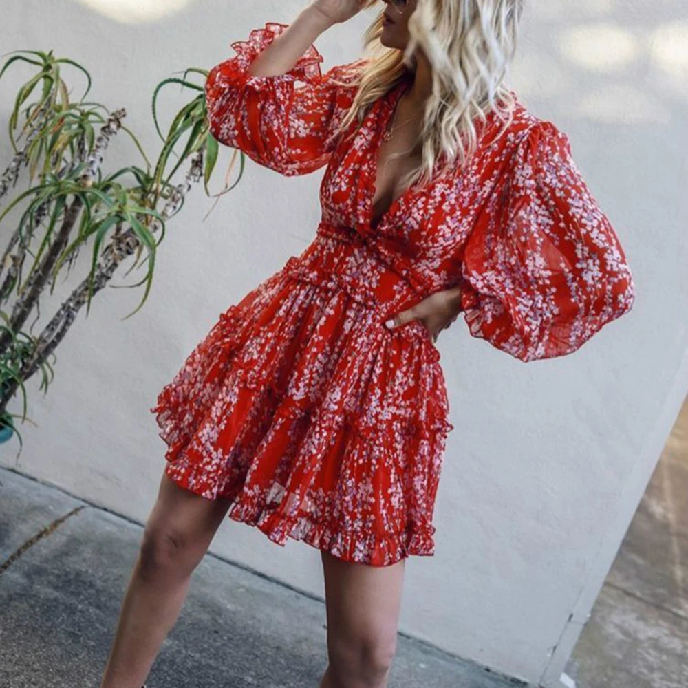 Summer Vestidos 2020 Women Boho Floral Printed Backless Mini Dress Ladies Party Holiday V-Neck Puff Sleeve Dresses Sundress Top | Женская