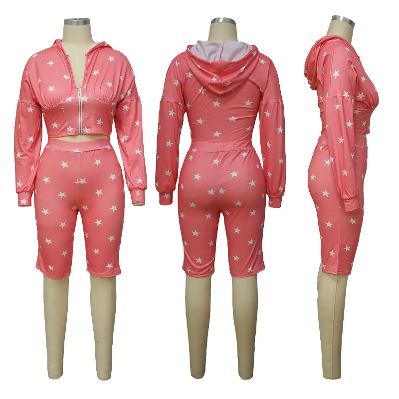 

Star Print Fitness Tracksuit Women Lounge wear Long Sleeve with Cap Crop top Hoodie + Biker Shorts Bodycon Two Piece Set Outfits