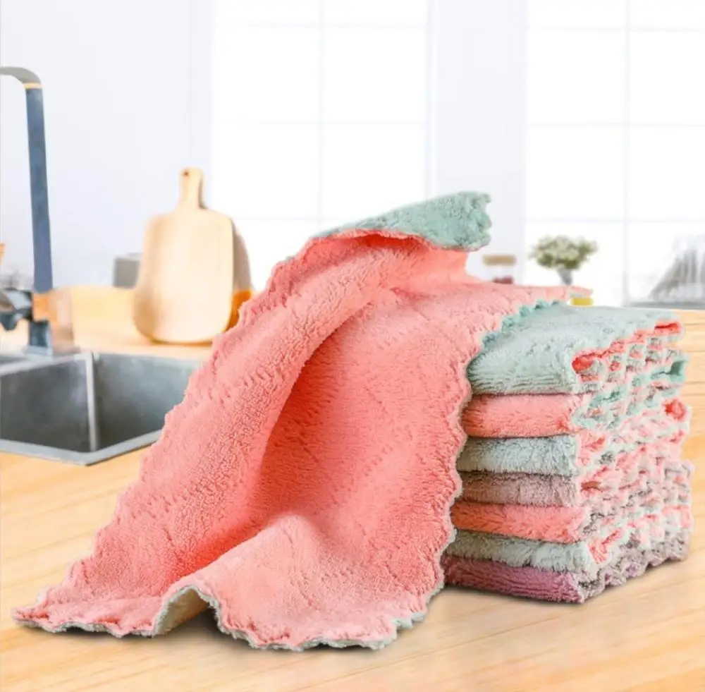 

5pcs Is Cheaper Double-Layer Absorbent Microfiber Kitchen Dish Cloth Non-Stick Oil Household Cleaning Wiping Towel Kichen Tools