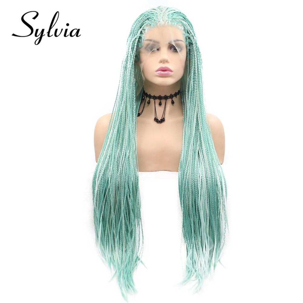 Sylvia White Highlight Light Blue Big Braided Box Braids Synthetic Lace Front Wigs Natural Braiding Heat Resistant Fiber Hair