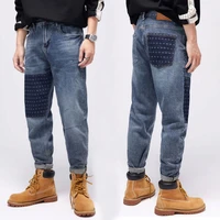 american street style fashion men jeans retro blue loose fit elastic ripped jeans men embroidery designer hip hop denim pants
