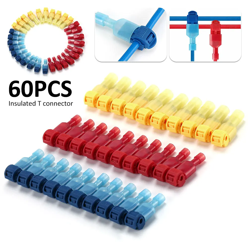 

60Pcs T-Tap Wire Connectors Self-Stripping Quick Splice Electrical Wire Terminals Insulated Male Quick Disconnect Spade Kit