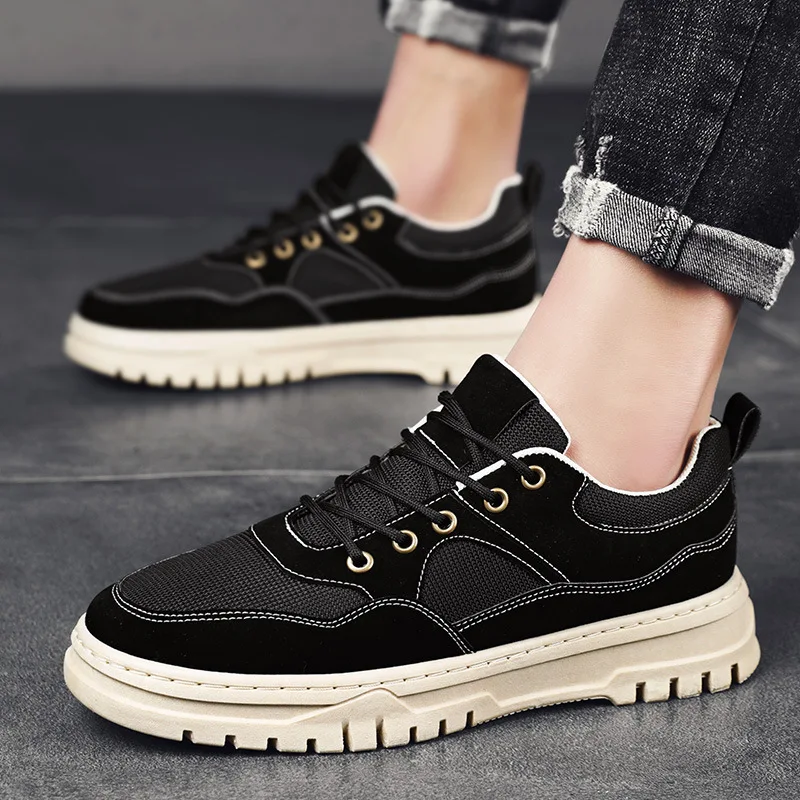 

Spring Brand Men Martin Ankle Boots Fashion Leather Canvas Patchwork Casual Shoes Cool Flat Work Shoes Trend Sneakers