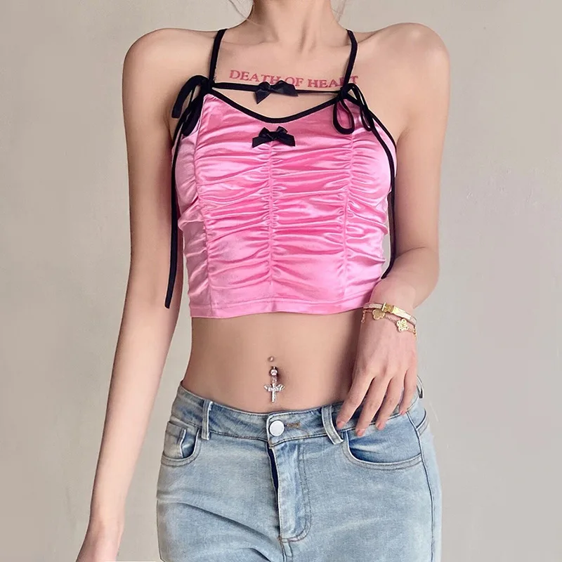 

Sexy Women Tank Tops Solid Color Bow-Knot Lace Stitching Folds Slim Navel Fashion Halter Neck Crop Top Commute Street Summer New
