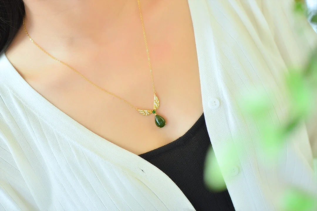 Женское ожерелье из серебра 925 пробы с нефритовым нефритом И крыльями ангела