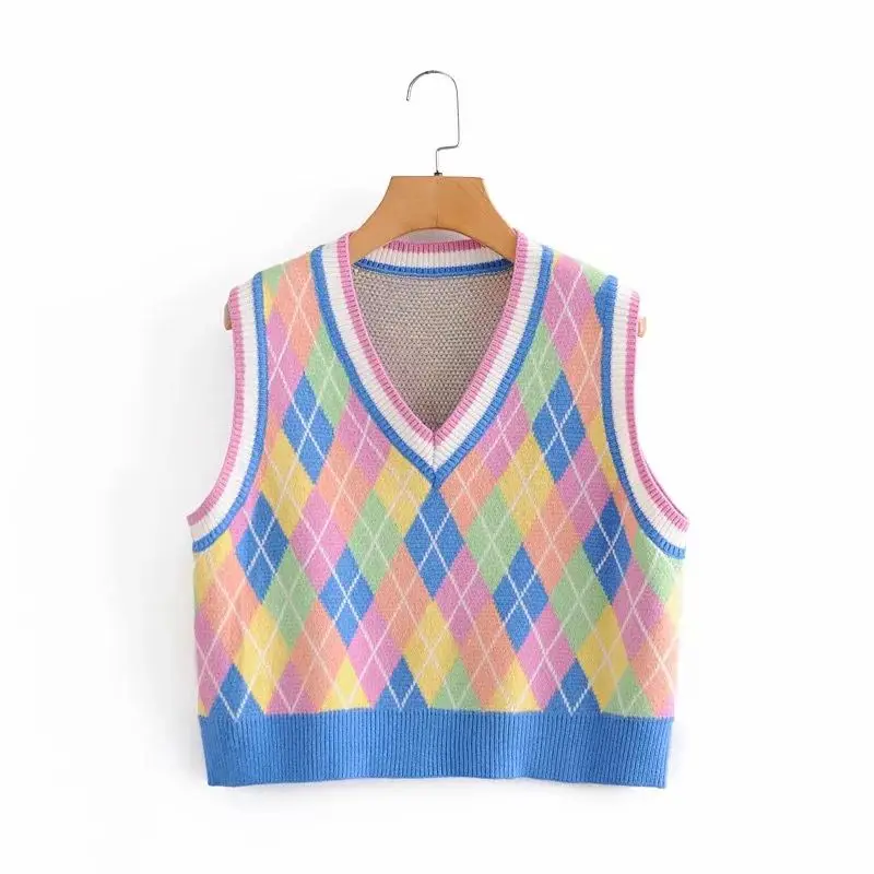 

New Pop Women Vest Knitted Sleeveless Top Colorful Argyle Casual Vogue Woman Sweater Pullovers femme vetement ropa mujer