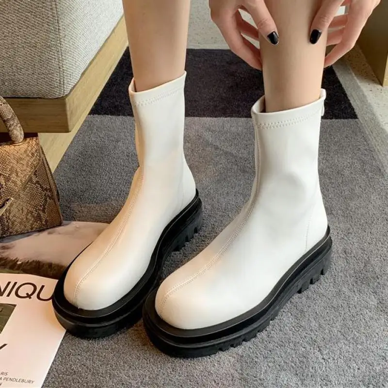 

Ankle Boots For Women Shoes Autumn Winter Solid Black Leather Sewing Zip Square Heels Thick Bottom Platform Ytmtloy Botas Mujer