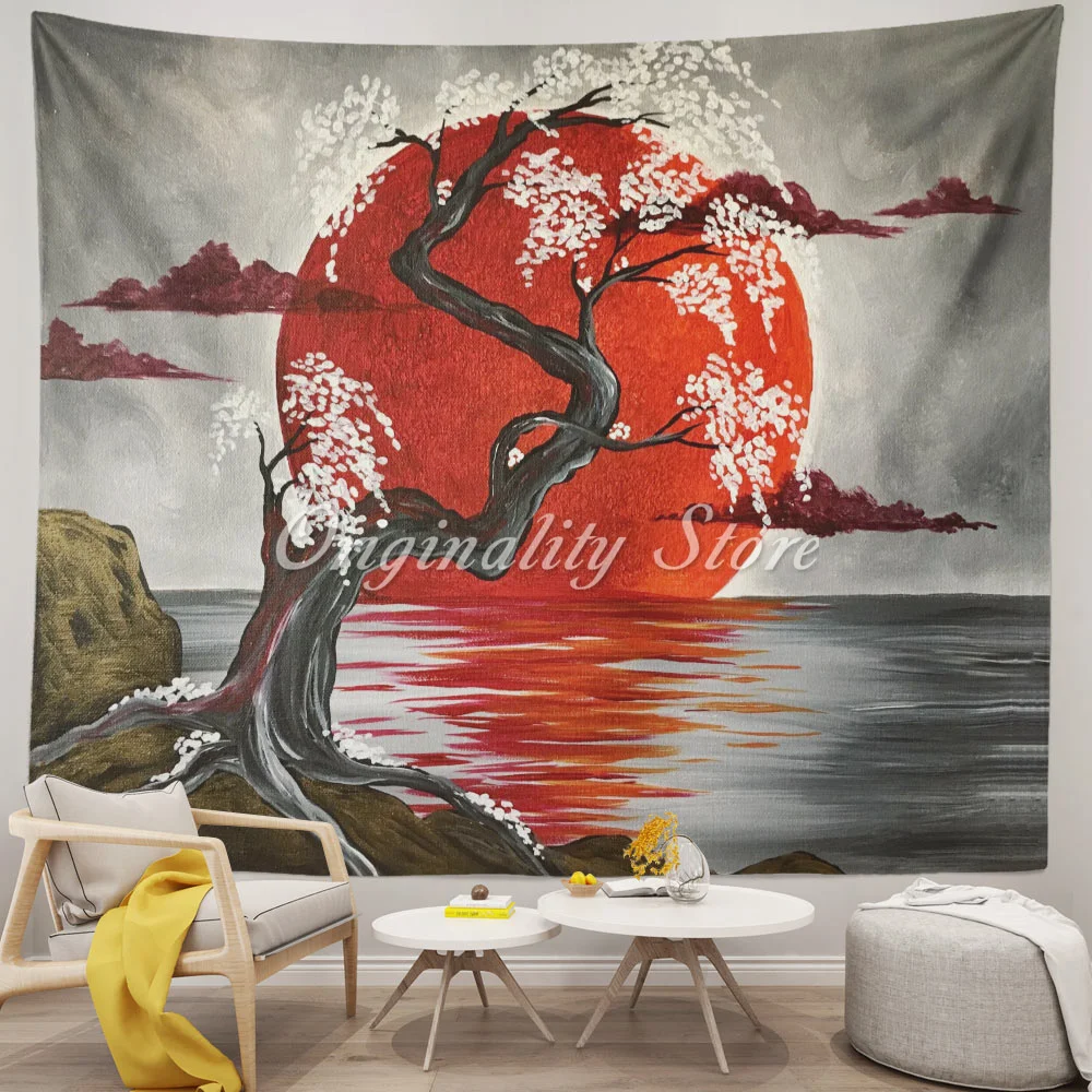 

Japanese Lake Crimson Moon Sakura Cherry Tree Tapestry