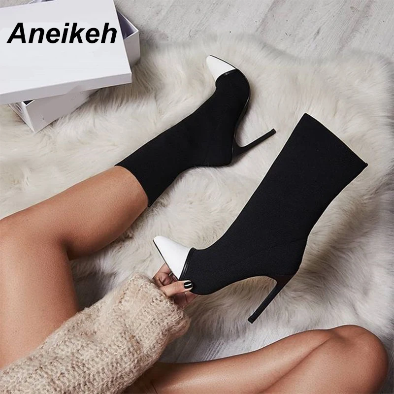 

Aneikeh Spring Stretch Fabric Slip-On MATURE Chelsea Boots Women Shoes Sewing Thin Heels Mid-Calf Pointed Toe Black Size 35-42