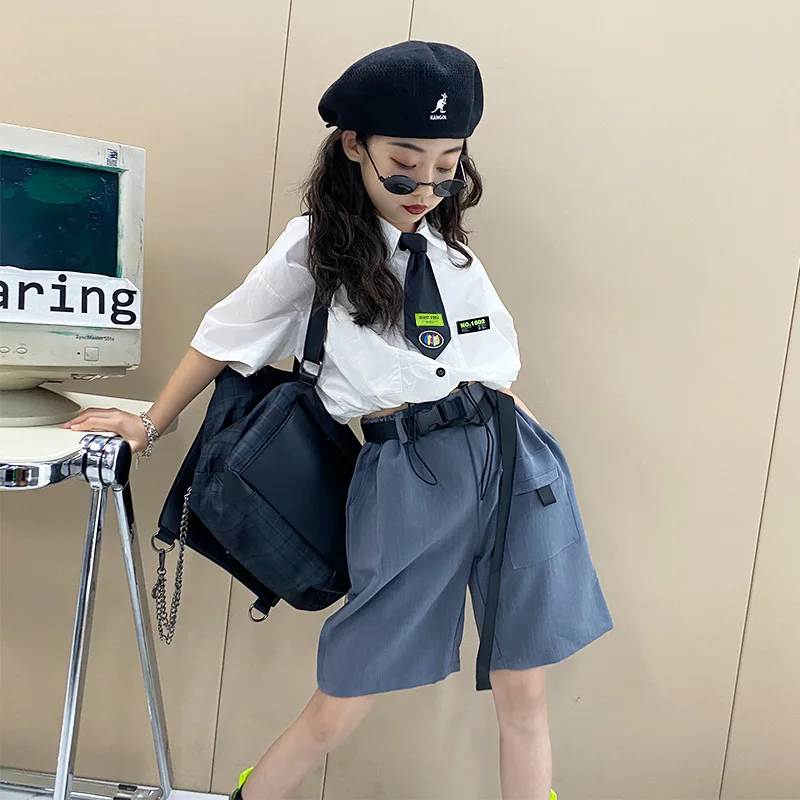 

Костюм в студенческом стиле для мальчиков и девочек, Новинка лета 2021, Детский костюм из двух предметов с рубашкой и брюками и галстуком