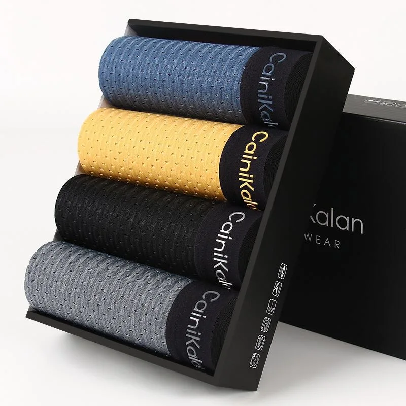 4pcs/Lot High Quality Men Underwear Ice Screen Hole Man Boxer Shorts Breathable Sexy Mid Waist Youth Large Size Boxer4XL 110kg