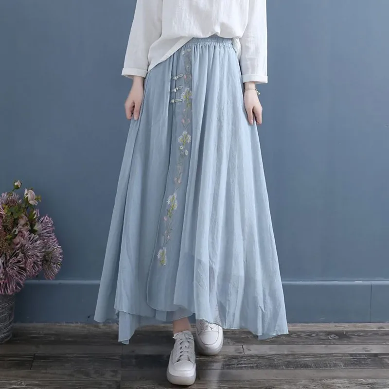 

Женская длинная юбка из хлопка и льна, повседневная элегантная трапециевидная юбка с цветочной вышивкой и высокой талией, в винтажном стиле...