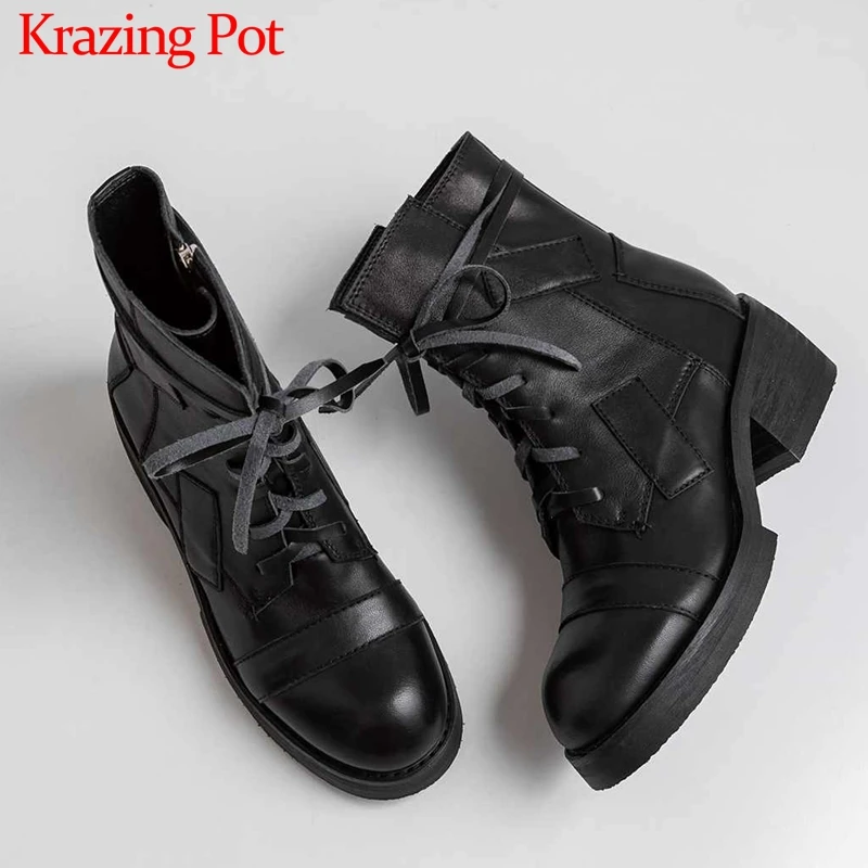 Krazing Pot/Модные Винтажные ботинки в стиле милитари из натуральной кожи с круглым носком на высоком каблуке; зимние теплые однотонные ботильоны в стиле панк; L97