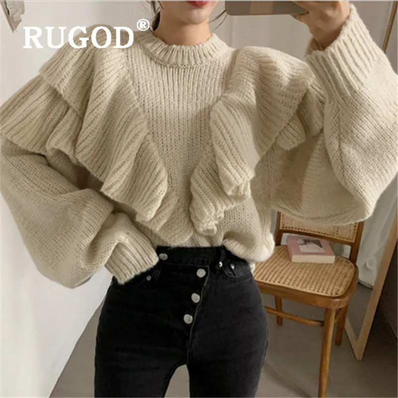 Женский свитер оверсайз RUGOD вязаный с оборками зимний в Корейском стиле 2019 |