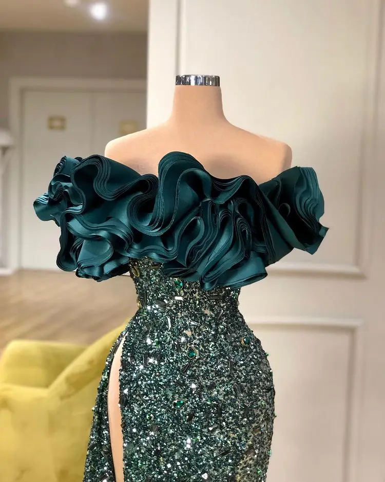 

Dark Green Mermaid Prom Dresses 2021 High Split Sequined Party Gowns Custom Made Plus Size Prom Gowns Vestidos De Fiesta