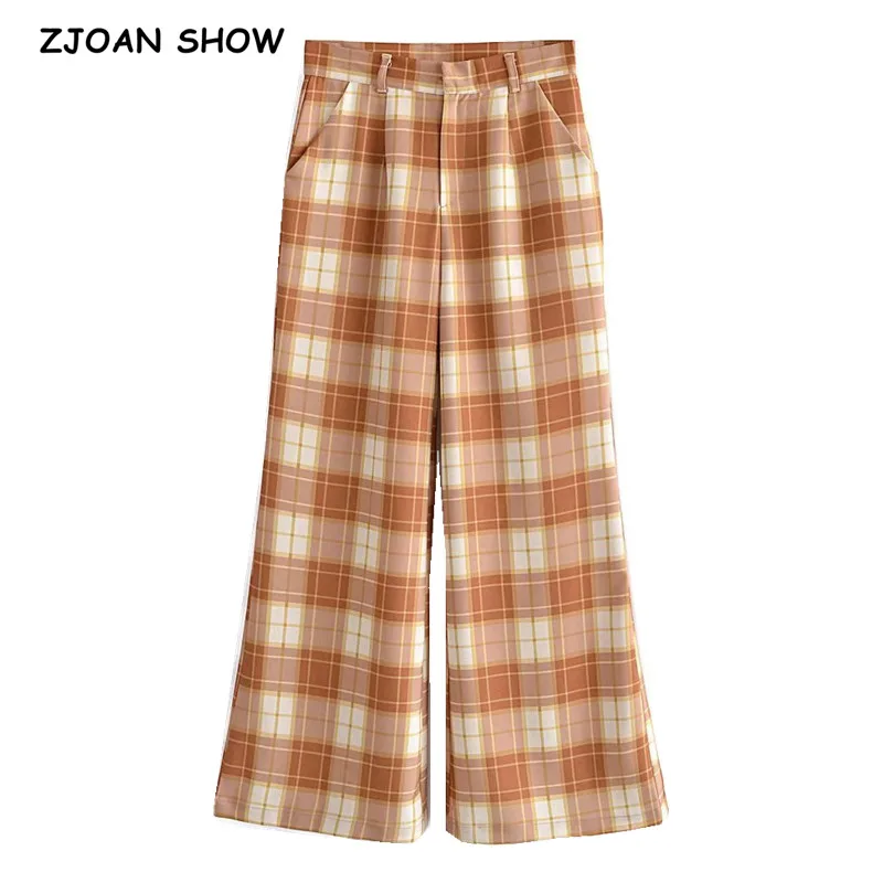 

2021 винтажные оранжевые клетчатые широкие брюки с принтом, женские свободные корейские брюки с высокой талией, офисные черные женские брюки