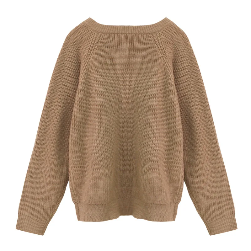 Модный женский вязаный свитер с длинным рукавом однотонный пуловер круглым