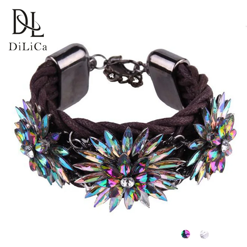 Женский браслет с цветком из кристаллов DiLiCa, вязаный Браслет-манжета в стиле бохо, Ювелирное Украшение на запястье
