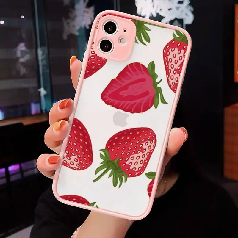 

Phone Case For iPhone 12 11 Mini Pro XR XS Max 7 8 Plus X Strawberry Macron Matte transparent Pink Cover