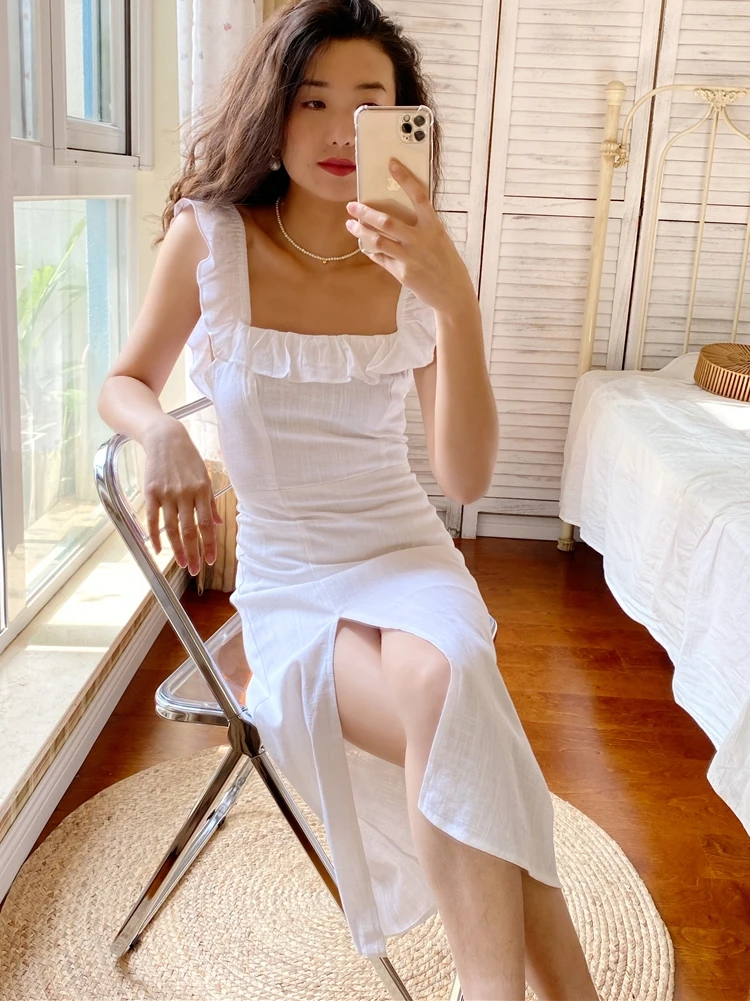 

Fairy ~ French romantic white platycodon dress elegant slim split fairy dress