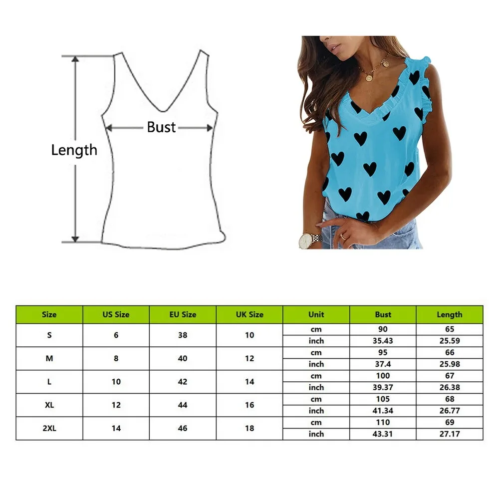 

Heart Print T_shirts Women Elegant Ruffled Sleeveless T_shirts V Neck Summer Plus Size Office Lady T_shirts Casual Tee Shirt
