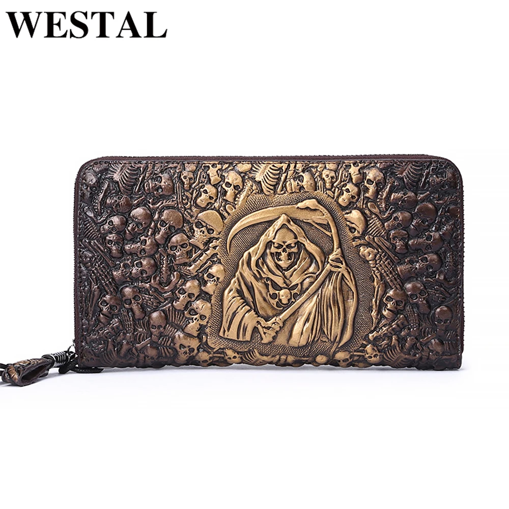 

WESTAL Men's Genuine Leather Long Wallet Skull Pattern Vintage Clutch Bag For Men Credit Card Holder Vintage Men's Money Bag
