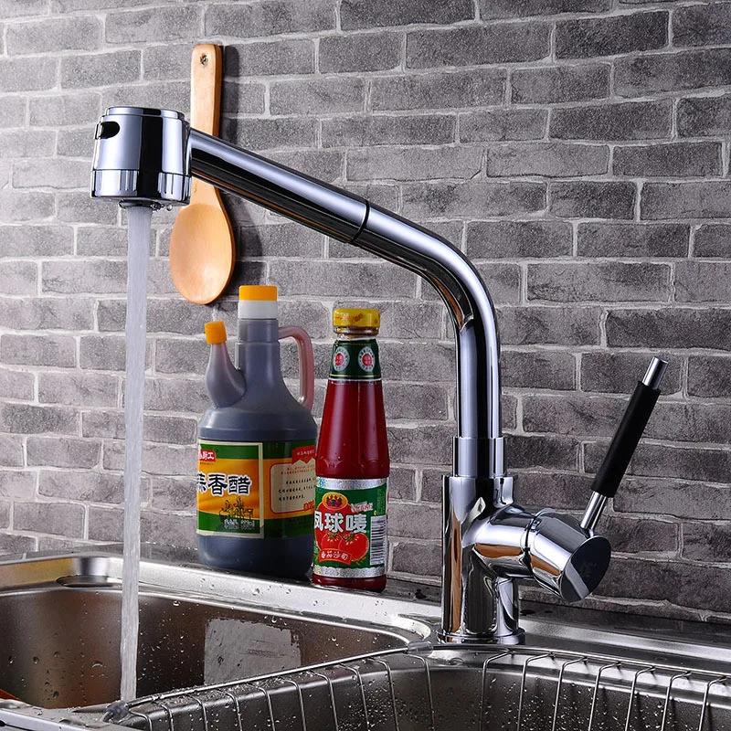 

Kitchen Sink Faucets Chrome Brass Sink Mixer Tap Pull Out Spout Hot & Cold Rotatable Single Handle Deck Mounted Kitchen Faucet
