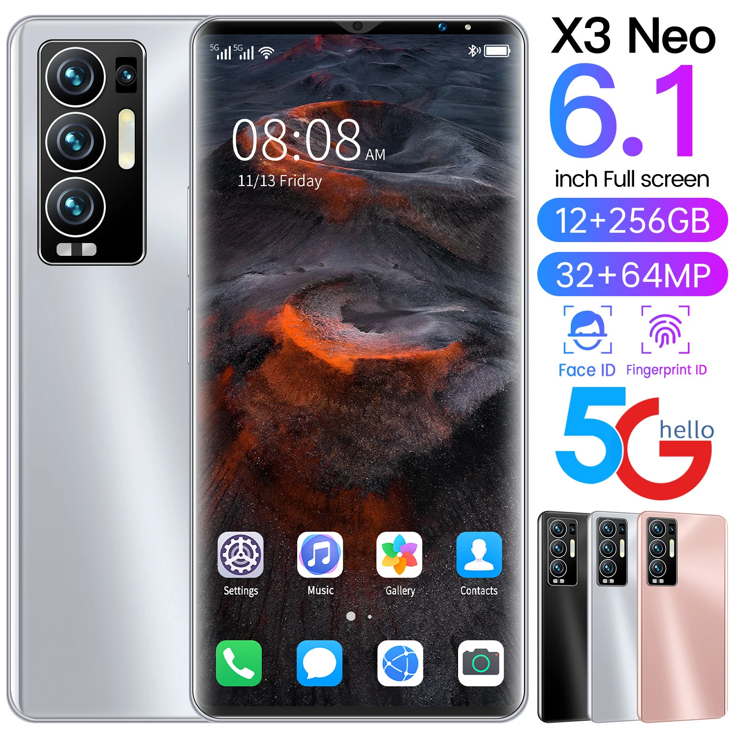 

Global Version X3 NEO 8+256GB 6.1 Inch 32+64MP Fingerprint ID 10 Core 5G Mobile Phone Andriod 11 Smartphone MTK6889+ 6000mAh