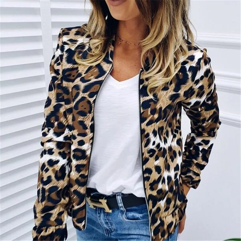 

Fashion Women Solid Slim Biker Motorcycle Jacket Autumn Spring Casual Soft Zipper Short Coat Jacket Leopard Vintage Outwear Tops