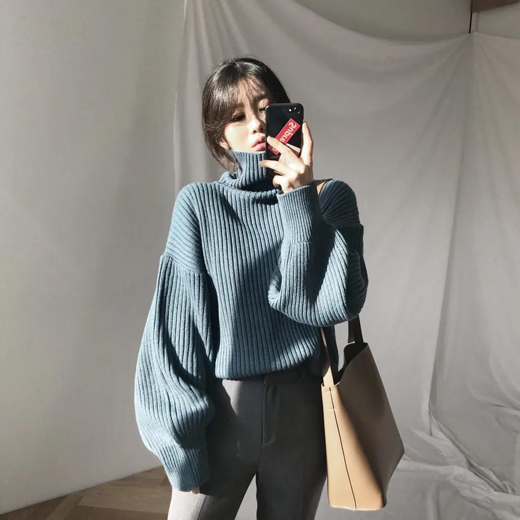 KINOMI Simple Women's Pullover Sweaters Autumn Winter Warm Fashion Solid Turtleneck Thicken Long Sleeve Loose Tops 2019 New Blue | Женская