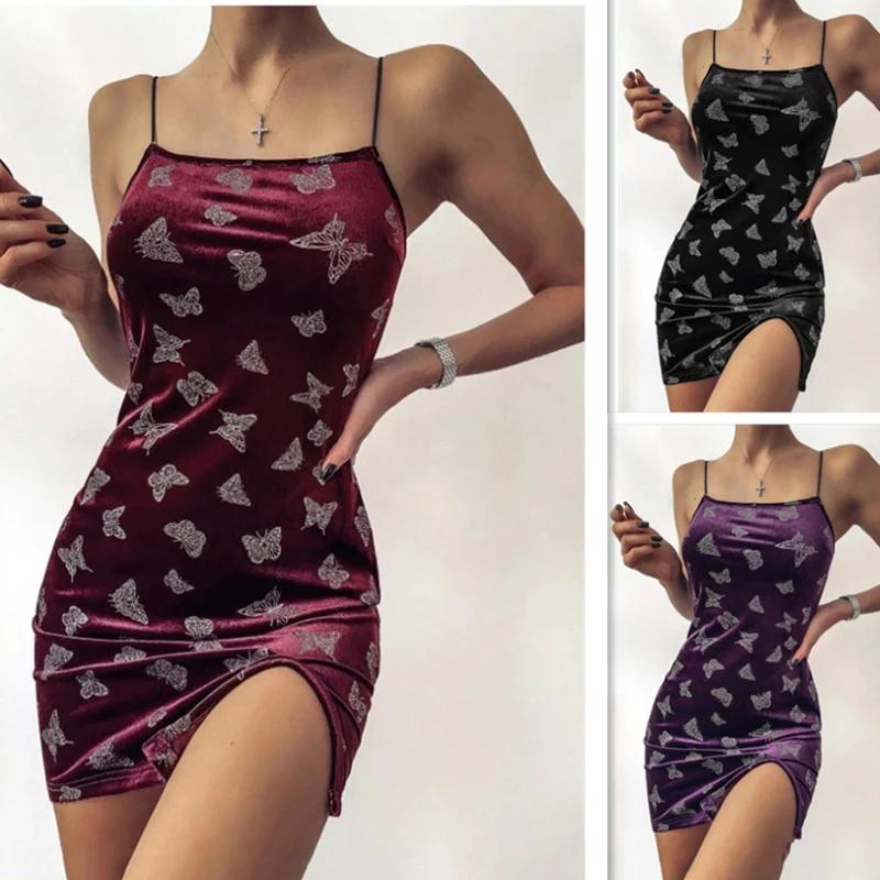 

Summer Ladies Sexy Sling Tight Bandage Dress Cartoon Flower Butterfly Mini Skirt Split Short Skirt Party Dress
