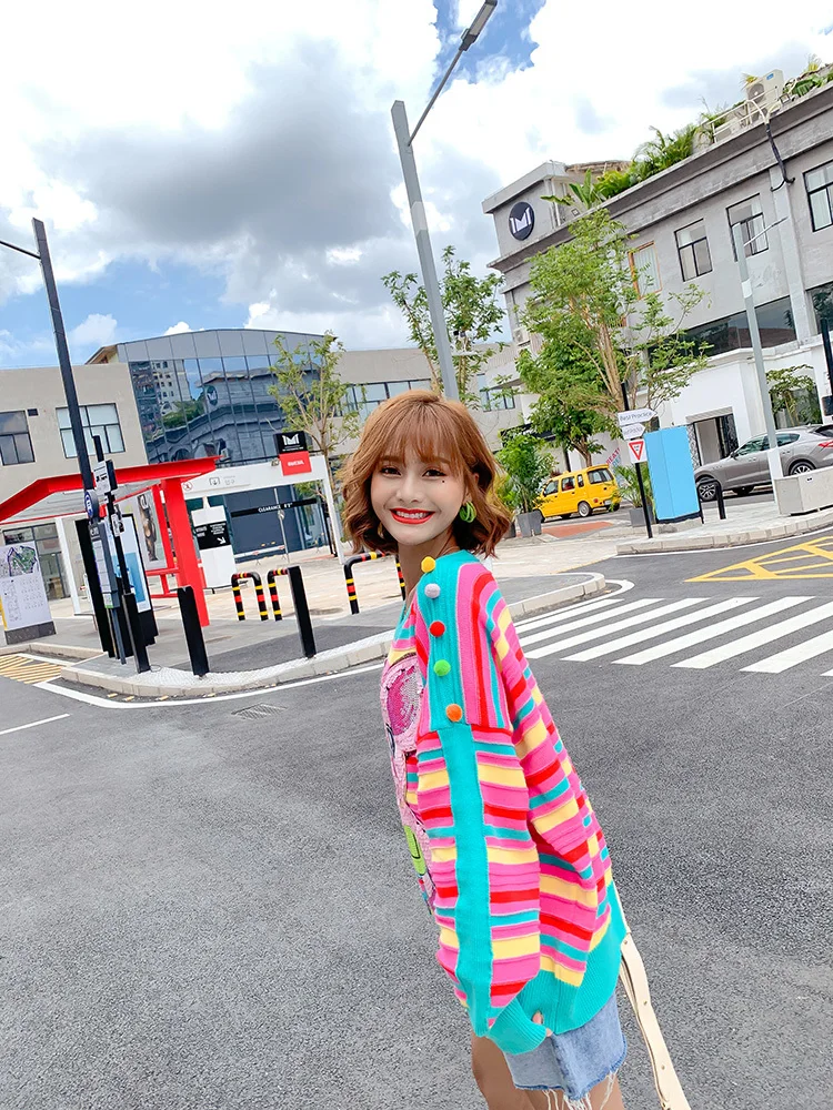 QING MO Радужный полосатый Женский пуловер свитер 2019 женский зимний с животными