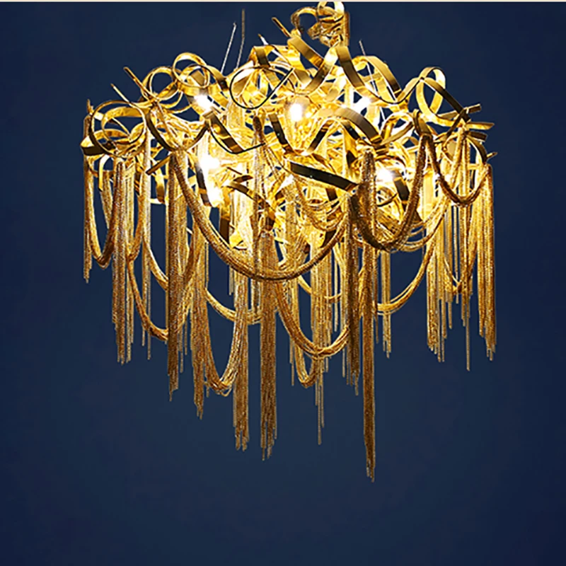 

Nordic Fringe Chain Pendant Lights for Living Room Gold Lustre Tassel Large Pendant Lamp Dining Room Hotel Villa Indoor Lighting