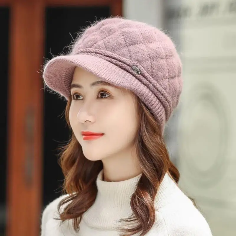 Autumn Winter Hats for Women Warm Thick Rabbit Fur Hats Women Newsboy Berets Ladies With Woolen Knitted Hat Female Caps
