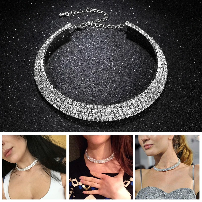 

Women Crystal Necklace Inlay Rhinestone Choker Sexy Sparkling Silver Neck Chain Collar For Bridal Wedding Party Jewelry Gift
