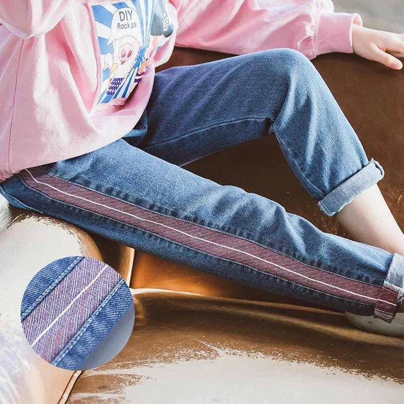 Джинсы с дырками для девочек весна осень 2020 модные брюки эластичным поясом