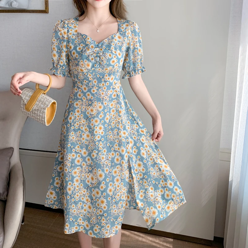 

Summer Daisy Print Chiffon Sexy Beach Midi Dress 2023 Casual Korean Vacation Sundress Women Elegant Bodycon Solid Party Vestidos