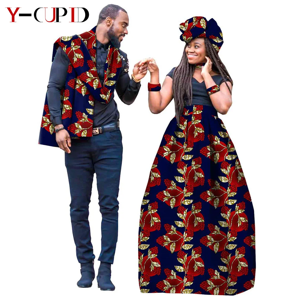 

Африканская одежда для пар, богатая женская повседневная юбка макси Bazin из хлопка, анкарская юбка-пачка, подходящий мужской шарф с принтом ...