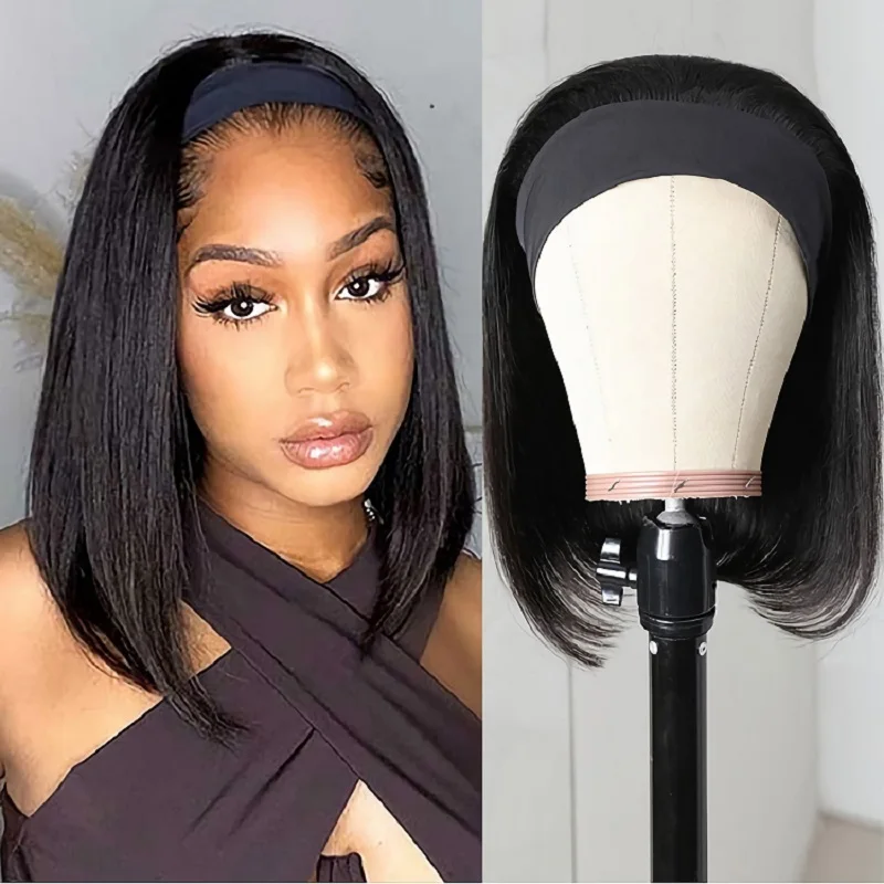 

11A Straight Bob Headband Wig Human Hair Straight Human Hair Wigs Machine Made 11A Virgin Short Bob Human Hair Wigs For Women