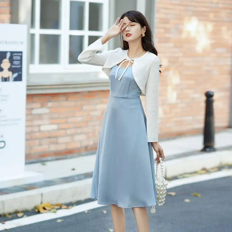 

Женское платье из двух частей, французская длинная юбка, слегка приготовленное тонкое нежное французское милое свидание, повседневное темп...