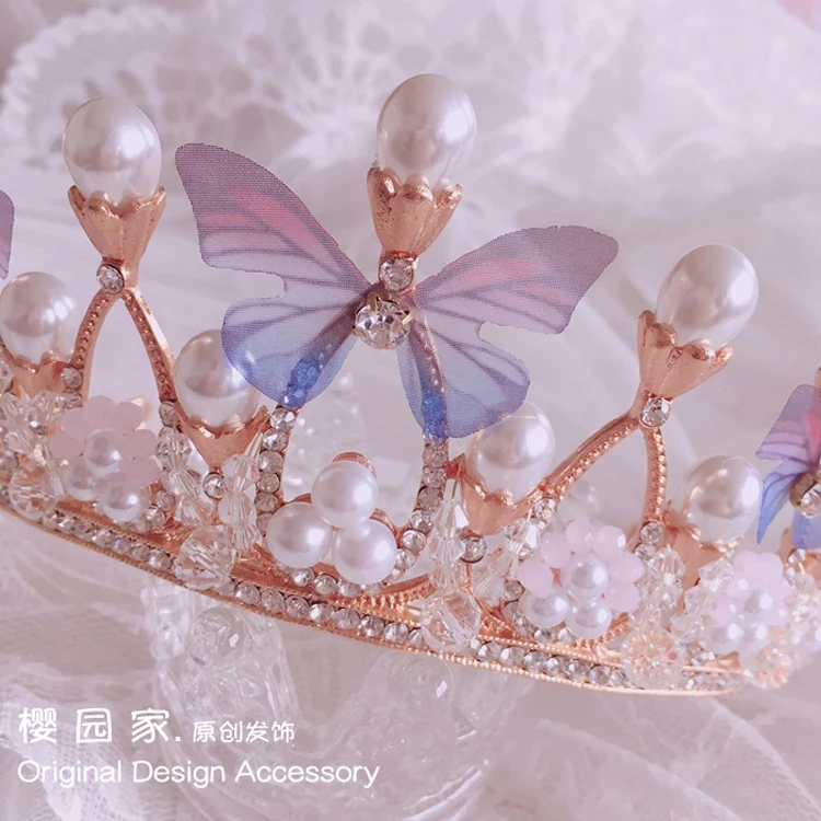 

estheticism Handmade girlish heart lolita European Palace style Pearl diamond butterfly Sweet princess Hair Crown Headwear Props