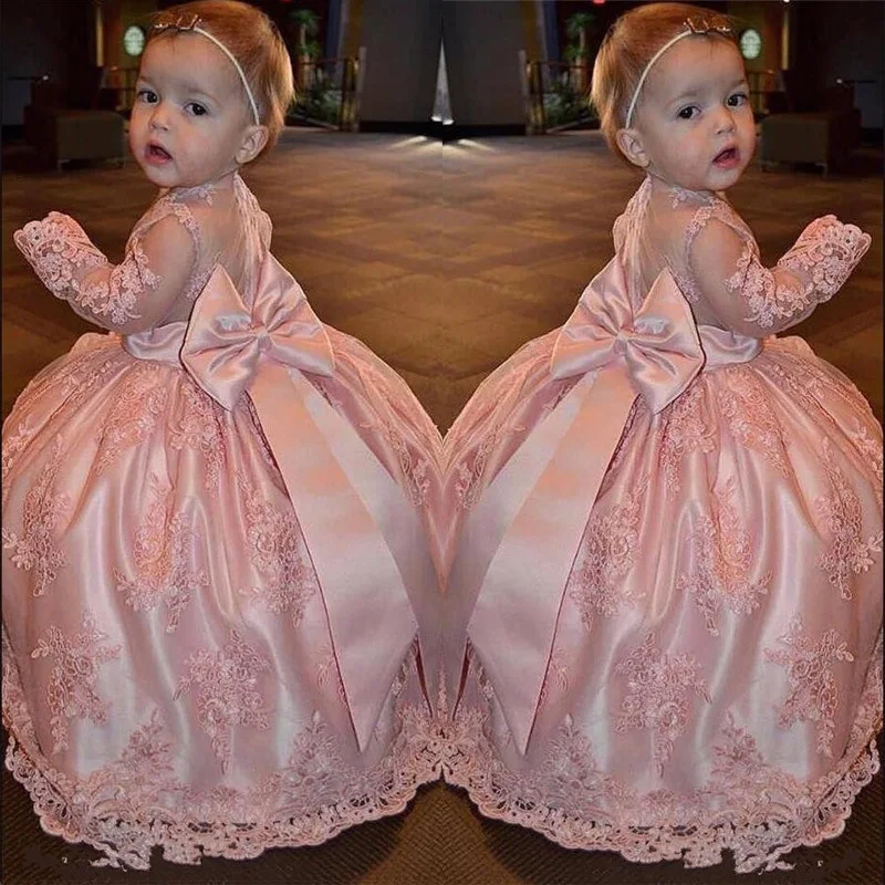 Розовое Прозрачное платье для девочек на день рождения с большим бантом спине