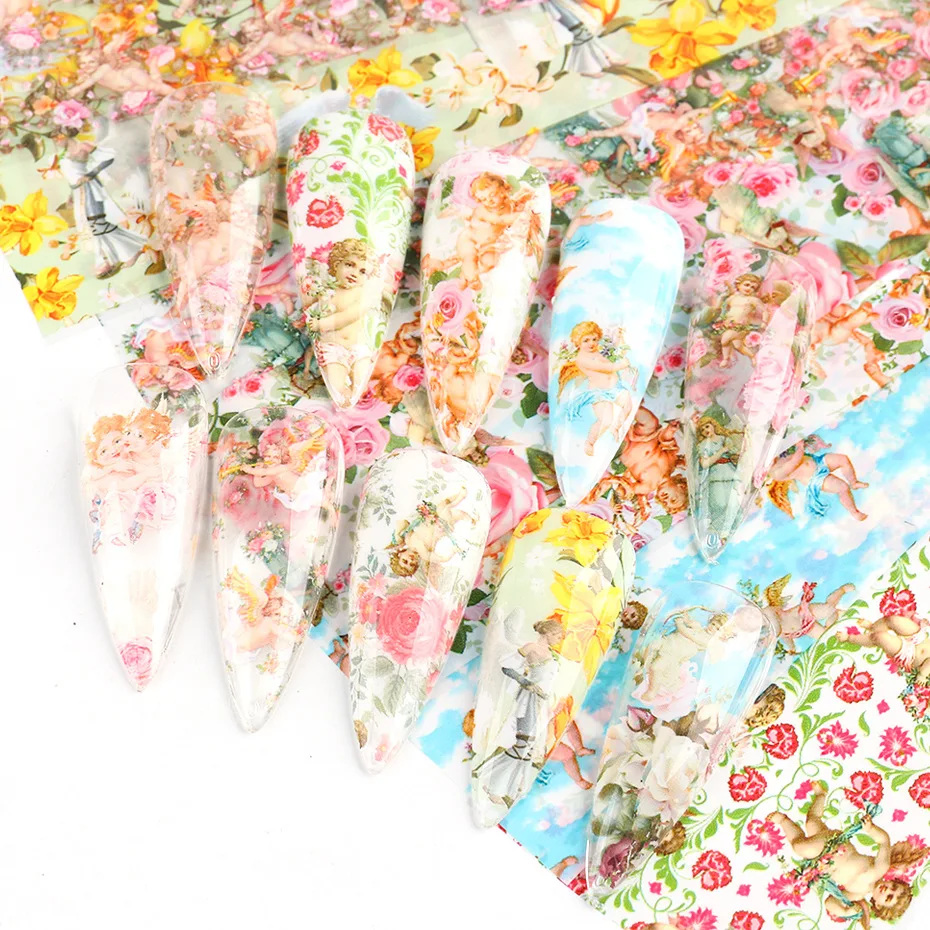 

Floral Cupid Eros Holographic Nail Art Transfer Foil Sticker Starry AB Paper Wraps Adhesive Decals Nails Decoration Accessories