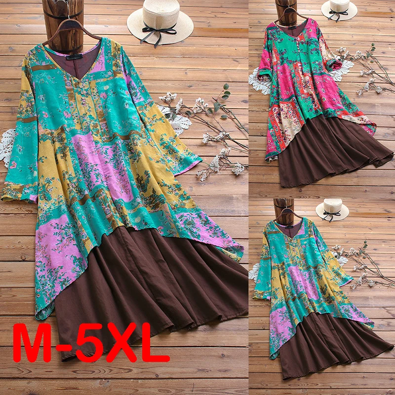 

Plus Size Spring Print Long Skirts Lady Elegant Boho Party Skirts Fashion Women Pleated Irregular Skirt Streetwear